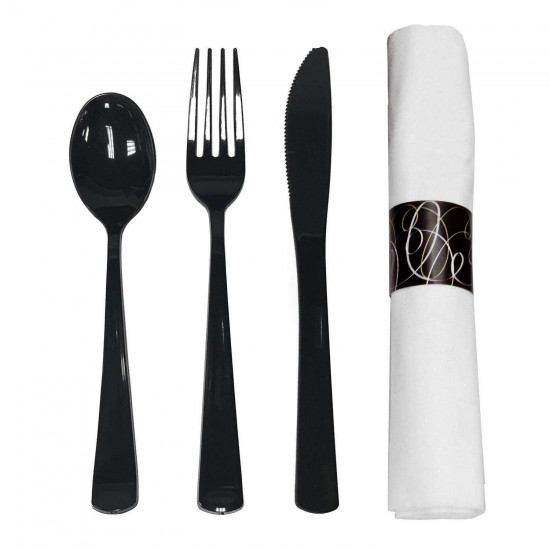 Custom OEM Black Ps Plastic fork and spoon knife disposable Individually Package napkin and cutlery set for restaurant Custom OEM Black Ps Plastic fork and spoon knife disposable Individually Package napkin and cutlery set for restaurant