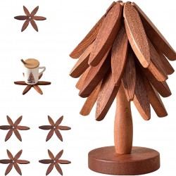 Hot Dishes Pot Bowl Coffee Teapot Christmas Decorations Gift Ornaments 4 Wooden Table Mat Set Christmas Tree Trivets