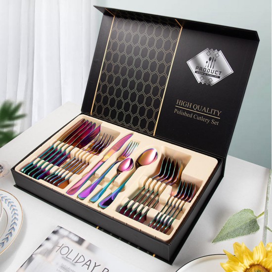 OEM ODM Logo Restaurant Gift Flatware 24 Pcs Gold Rose Black rainbow Spoon Fork Knife Cutlery Besteck Set with Box OEM ODM Logo Restaurant Gift Flatware 24 Pcs Gold Rose Black rainbow Spoon Fork Knife Cutlery Besteck Set with Box