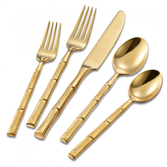 Western Bamboo Style Handle Wedding Durable Mirror Gold Fork Knife Spoon Set Stainless Steel Flatware Set Western Bamboo Style Handle Wedding Durable Mirror Gold Fork Knife Spoon Set Stainless Steel Flatware Set
