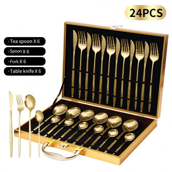 Hot Sale Wood Packing Box Fork Knife Spoon Black Gold Flatware 24pcs Stainless Steel Silverware Cutlery Set for Weeding Party Hot Sale Wood Packing Box Fork Knife Spoon Black Gold Flatware 24pcs Stainless Steel Silverware Cutlery Set for Weeding Party