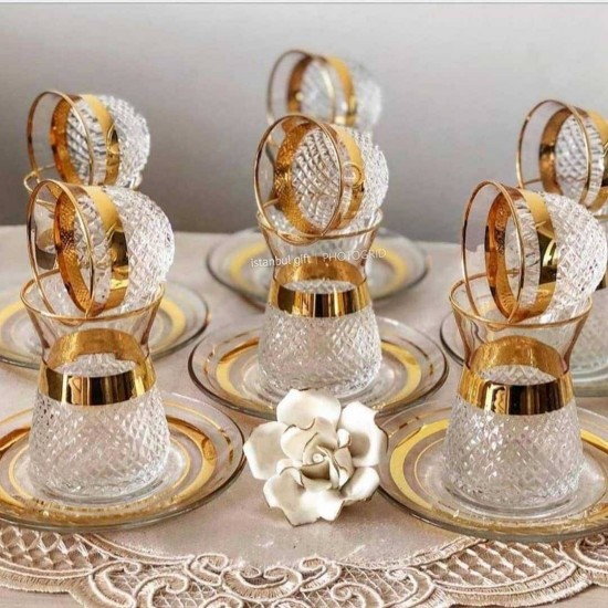 Custom Light Luxury Thin Waist Coated Golden Turkish Tea Cups Set Espresso Cawa Coffee Glass Cups for 6 Person Custom Light Luxury Thin Waist Coated Golden Turkish Tea Cups Set Espresso Cawa Coffee Glass Cups for 6 Person