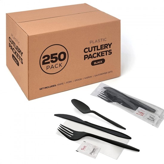 250 Plastic Cutlery Packets - Knife Fork Spoon Napkin Salt Pepper Sets, White Individually Wrapped Cutlery Kits 250 Plastic Cutlery Packets - Knife Fork Spoon Napkin Salt Pepper Sets, White Individually Wrapped Cutlery Kits