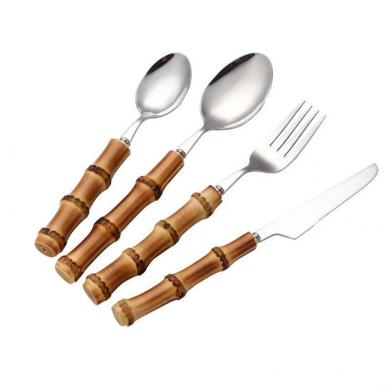 Reusable Natural Bamboo Handle Flatware Silverware Knife Fork Spoon 304 Stainless Steel Cutlery Set with Bamboo Handle Reusable Natural Bamboo Handle Flatware Silverware Knife Fork Spoon 304 Stainless Steel Cutlery Set with Bamboo Handle