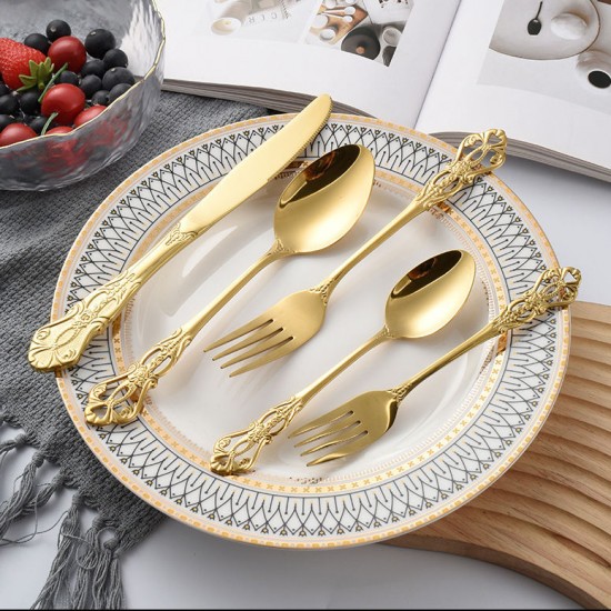Hollow Relief Design Retro Royal Knife Spoon and Fork Stainless Steel Gold Flatware Vintage Cutlery Set for Wedding Hollow Relief Design Retro Royal Knife Spoon and Fork Stainless Steel Gold Flatware Vintage Cutlery Set for Wedding
