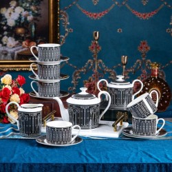 New Designs Luxury Black Stripes Deco Ceramic Coffee Tea Cup Set Fine Bone China Coffee Set