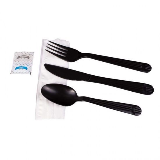 Heavy weight Take Away Travel Disposable Plastic Black Utensils Cutlery Set Spoon Fork Knife with napkin salt pepper Heavy weight Take Away Travel Disposable Plastic Black Utensils Cutlery Set Spoon Fork Knife with napkin salt pepper