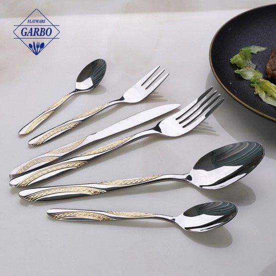 Golden Electro-plating Handle 410SS High Quality Mirror Polished Stainless Steel Flatware 24 Pieces Fork Spoon Cutlery Sets Golden Electro-plating Handle 410SS High Quality Mirror Polished Stainless Steel Flatware 24 Pieces Fork Spoon Cutlery Sets