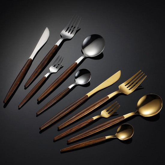 Luxury Portable Wood Handle Gold Silver Stainless Steel Tableware Flatware Silverware Fork Spoon Knife Cutlery Box Set Luxury Portable Wood Handle Gold Silver Stainless Steel Tableware Flatware Silverware Fork Spoon Knife Cutlery Box Set