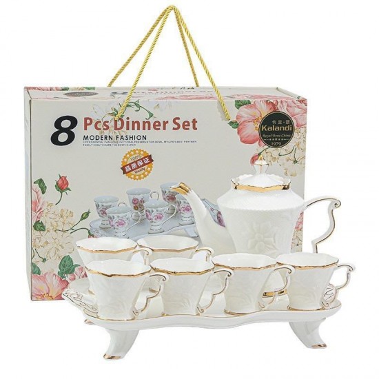 Luxury European Style White Color 8pcs Porcelain Coffee Tea Set With Gold Plated Ceramic Tea Pot and Cup Set Luxury European Style White Color 8pcs Porcelain Coffee Tea Set With Gold Plated Ceramic Tea Pot and Cup Set