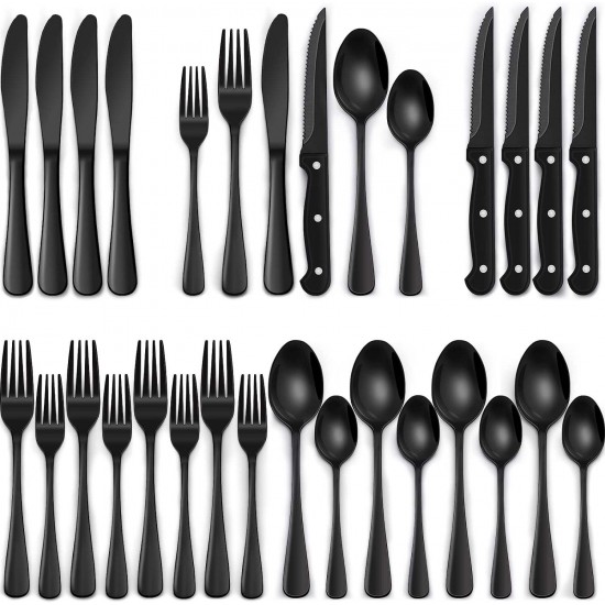 24-Piece Black Silverware Set Steak Knives Tableware Cutlery 4 Food-Grade Stainless Steel Utensils Mirror Finished Flatware Home 24-Piece Black Silverware Set Steak Knives Tableware Cutlery 4 Food-Grade Stainless Steel Utensils Mirror Finished Flatware Home