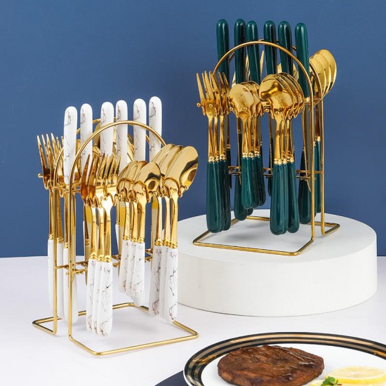 Custom Gift Box Handle Knife Fork and Spoon Nordic Style Western-style Tableware Golden Cutlery Flatware Sets 24-PCS Ceramic Custom Gift Box Handle Knife Fork and Spoon Nordic Style Western-style Tableware Golden Cutlery Flatware Sets 24-PCS Ceramic