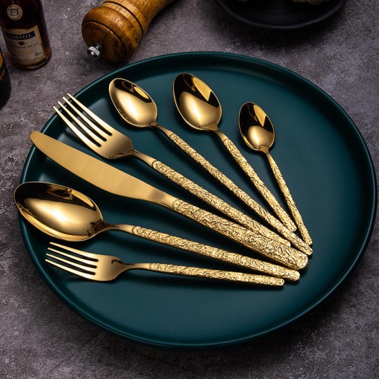 New Reusable Stone Pattern Handle Stainless Steel Flatware Knife Fork Spoon Gold Silverware Restaurant Cutlery Set New Reusable Stone Pattern Handle Stainless Steel Flatware Knife Fork Spoon Gold Silverware Restaurant Cutlery Set